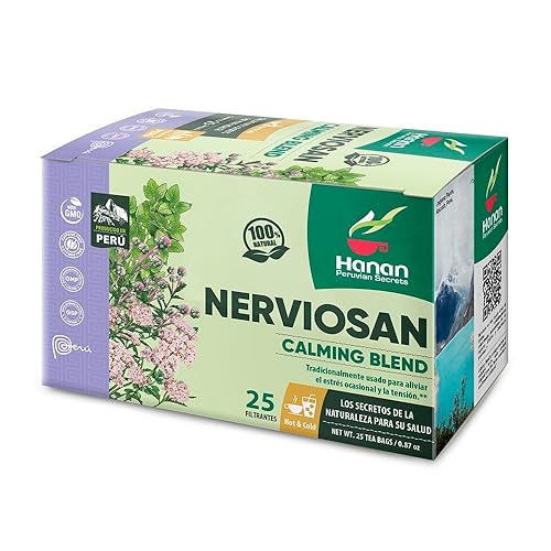 Hanan Peruvian Secrets Nerviosan - Té de hierbas Mezcla calmante 100% natural 25 bolsas de té Ayuda naturalmente a aliviar el estrés y la tensión