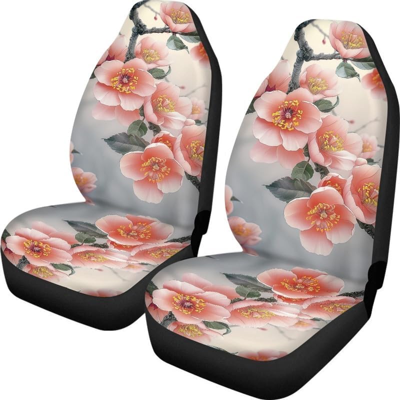 Cartoon Pink Floral Print Car Seat Covers Cute Plum Blossom 2 Pcs Front Seats Protector Non-Slip Universal Fit Elastic Covers Fit for Most Cars, Sedan, Truck, Van