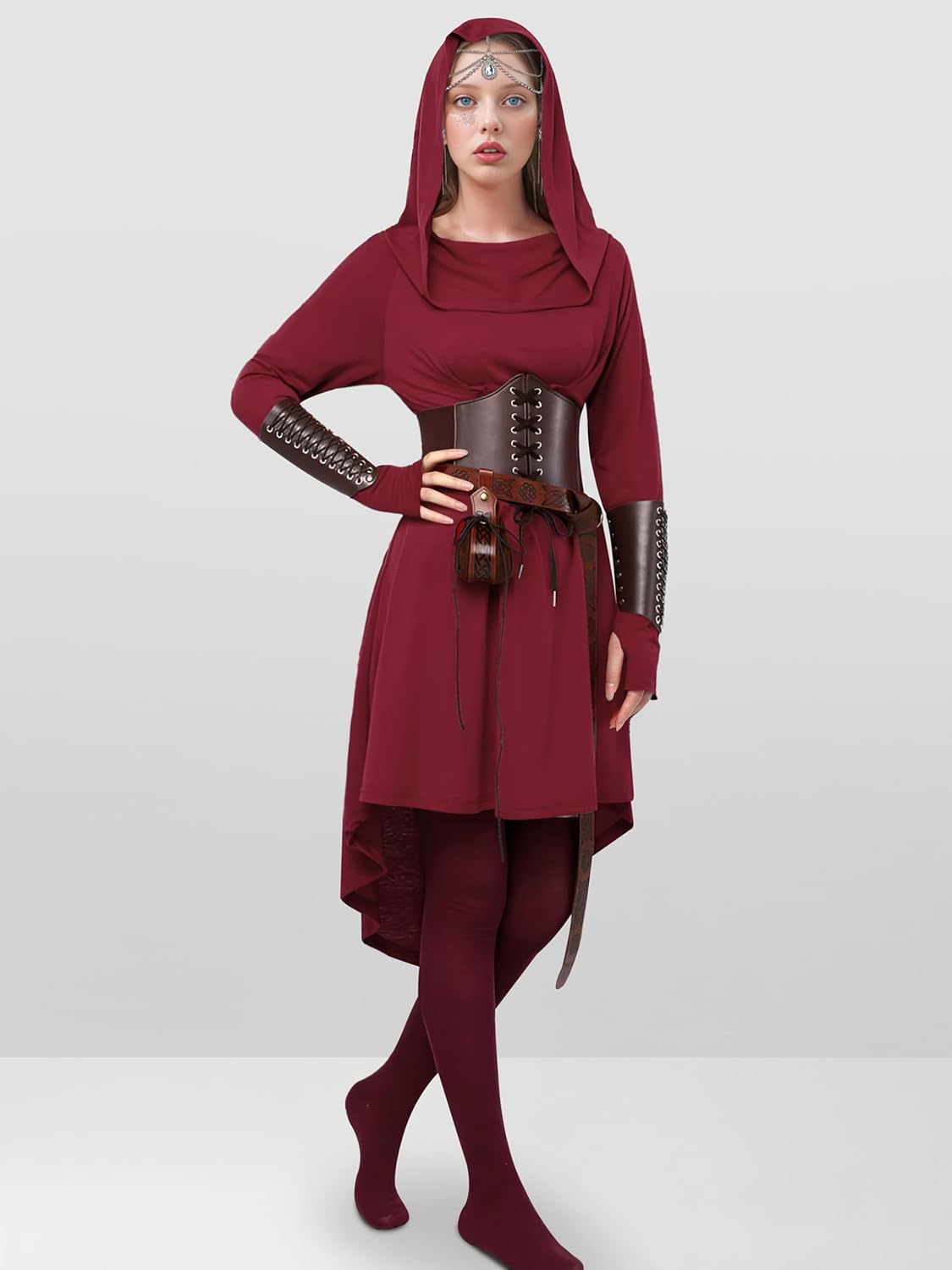 SOMSOC Women Renaissance Halloween Fairy Costumes Medieval Hooded Robe Lace Up Dress Accessories Set Cosplay - Image 4