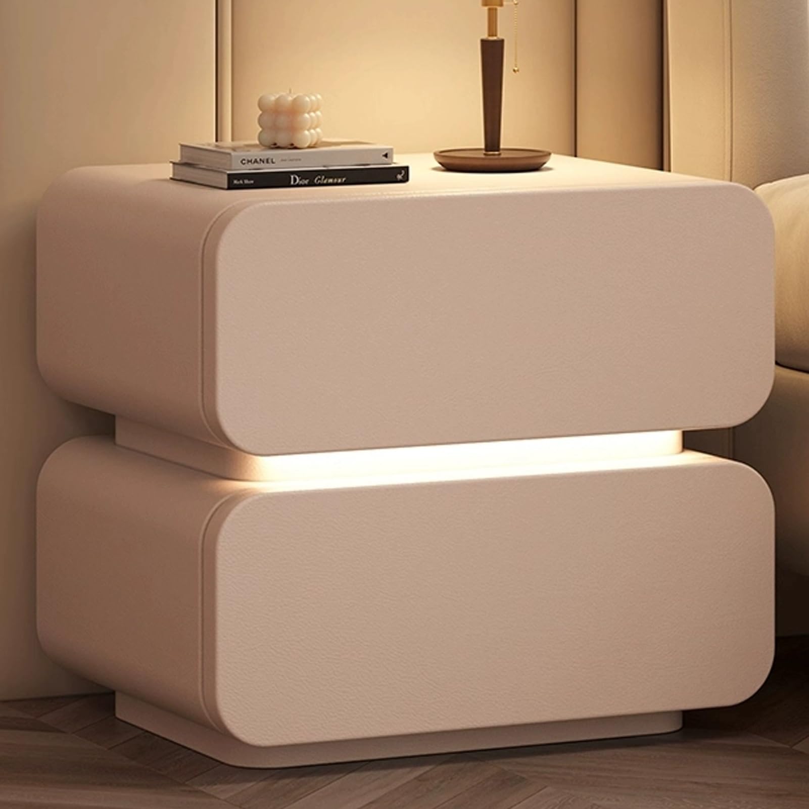 Table de chevet intelligente kaki avec tiroirs de rangement en bois