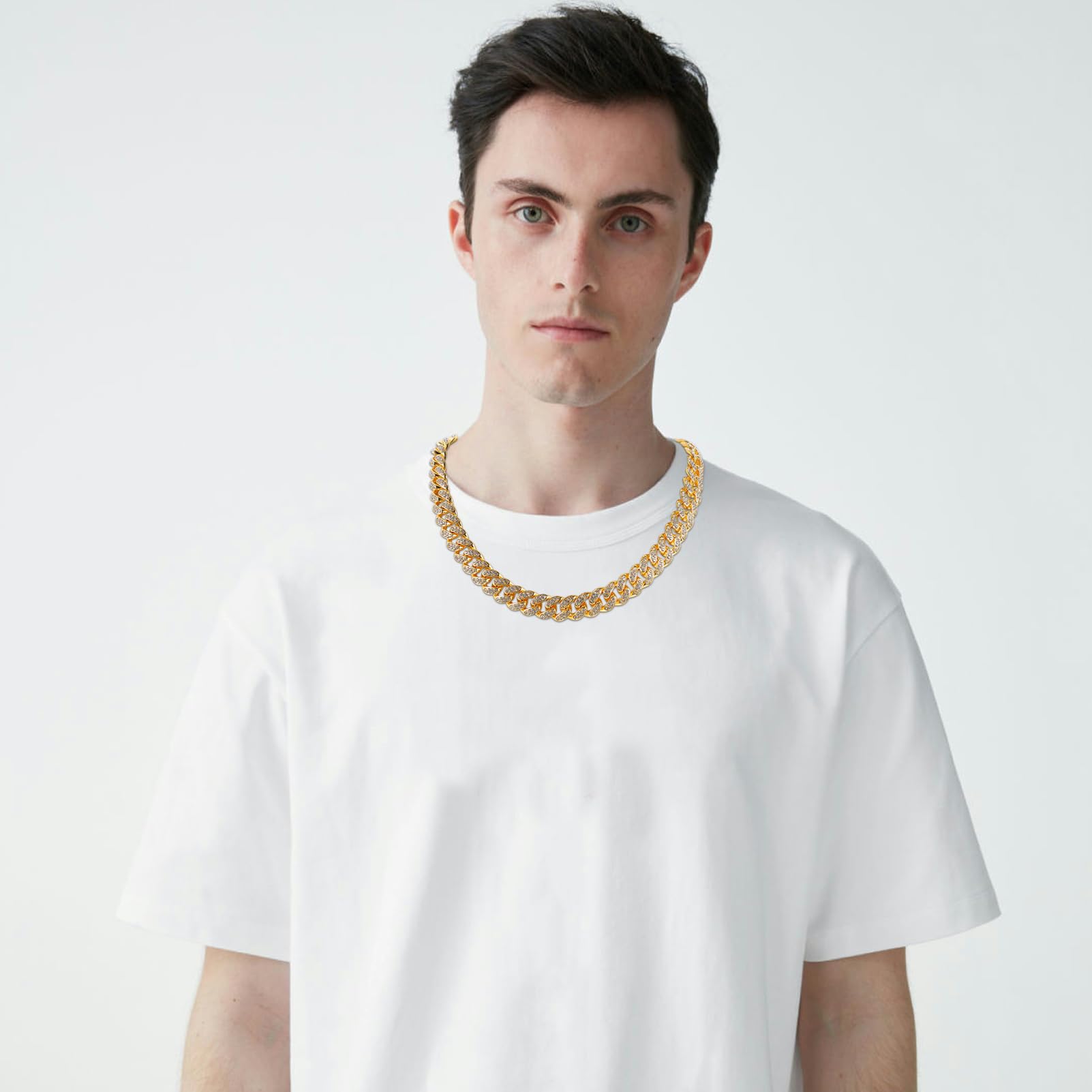 jojofuny 4pezzi Collana Catena Cubana Strass e Bracciale Maglie Impilabili Di Accessori Catena in Metallo Per Uomo e Donna