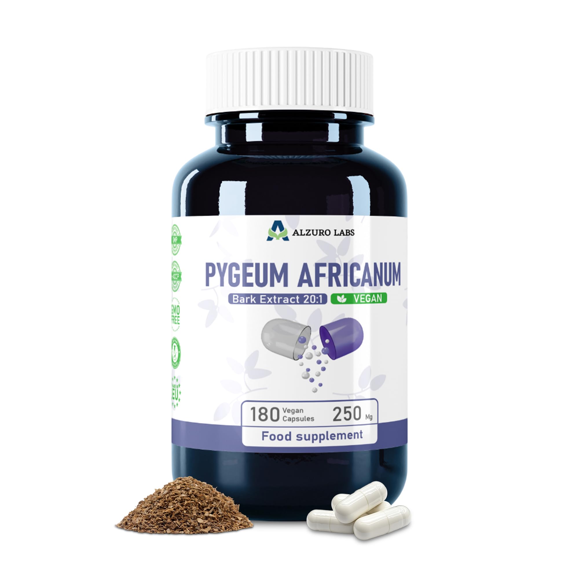 Pygeum africanum 5.000 mg equiv. | Alto dosaggio estratto corteccia 20:1 250 mg (13% fitosteroli) | 180 capsule vegane | Benessere maschile quotidiano | GMP e testato da laboratorio terzo
