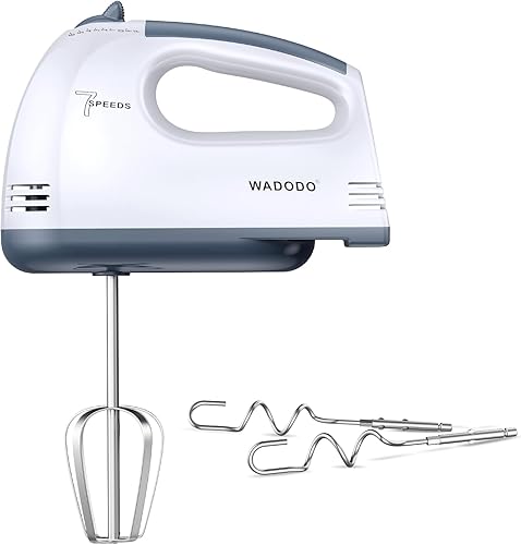 WADODO Batidora de mano eléctrica de 200 W, batidora de mano pequeña de 7 velocidades con batidores de acero inoxidable 304, ganchos para masa y