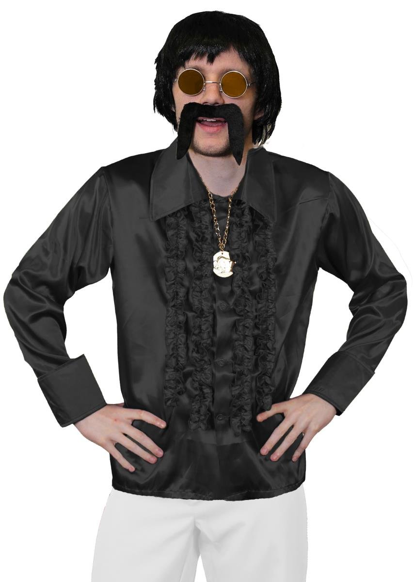 MENS 70S DISCO FANCY DRESS COSTUME - MENS SHORT BLACK WIG, BLACK DISCO SHIRT, GOLD MEDALLION, ORANGE GLASSES + BLACK MOUSTACHE - FUNKY FANCY DRESS COSTUME - BLACK SHIRT (X-LARGE)