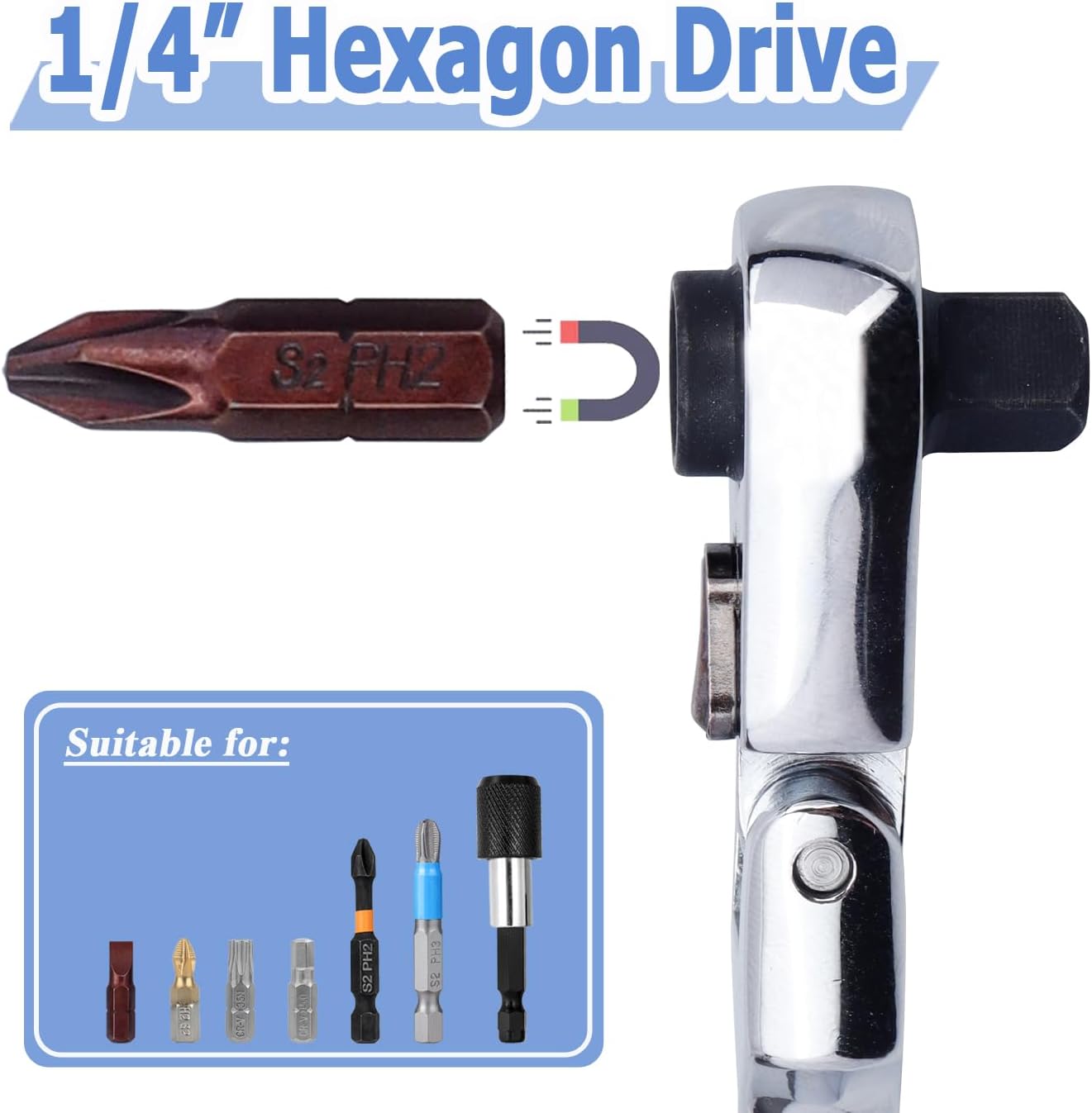 Mesee 1/4" Drive Ratchet Wrench, 2-In-1 Hex Bit Driver & Socket Wrench Flex Head Ratchet 72-Tooth Reversible Ratchet Wrench Mini Ratcheting Spanner Hand Repair Tool