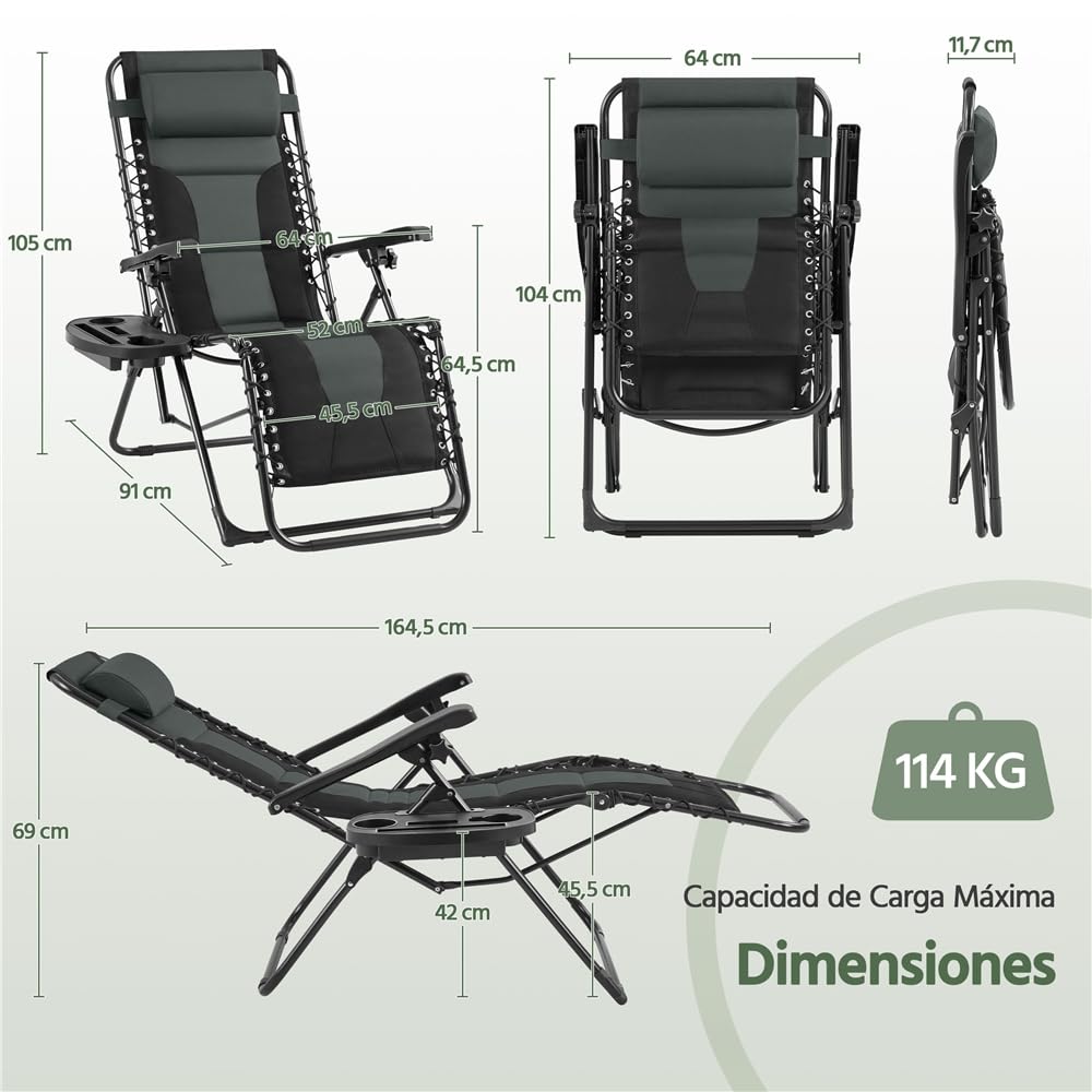 Yaheetech Tumbonas Jardin Exterior Silla Reclinables de Cero Acolchada Tumbona Plegable Tumbona Playa para Piscina con Portavasos Negro/Gris Carga Máxima: 114 kg