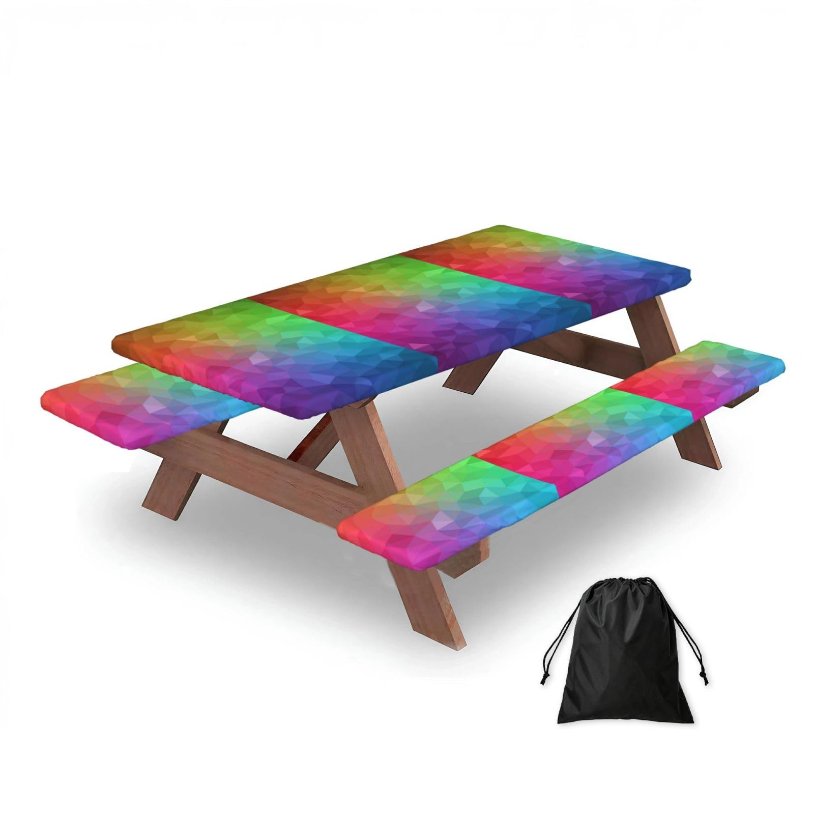 Dopklna As Picture Multicolor Polygonal Which Consist Triangles Rainbow, Picnic Table Cover With Bench Covers -Waterproof Elastic Fitted Tablecloth For Garden Camping Patio 76X152cm