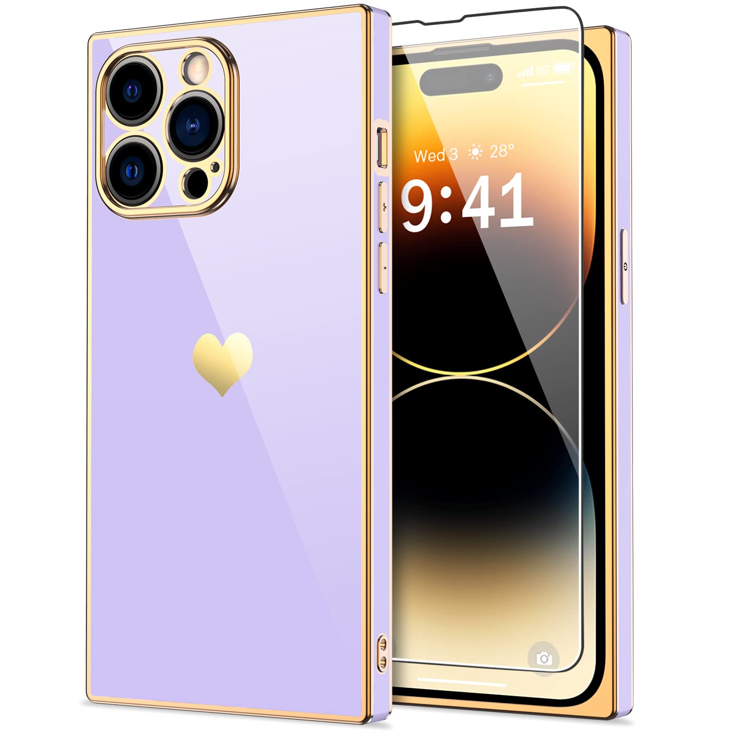 IKAZZfor iPhone 14 Pro Max Case with Screen Protector,Fashion Trendy Heart Shape Painting Cute TPU Protective Phone Cover Purple