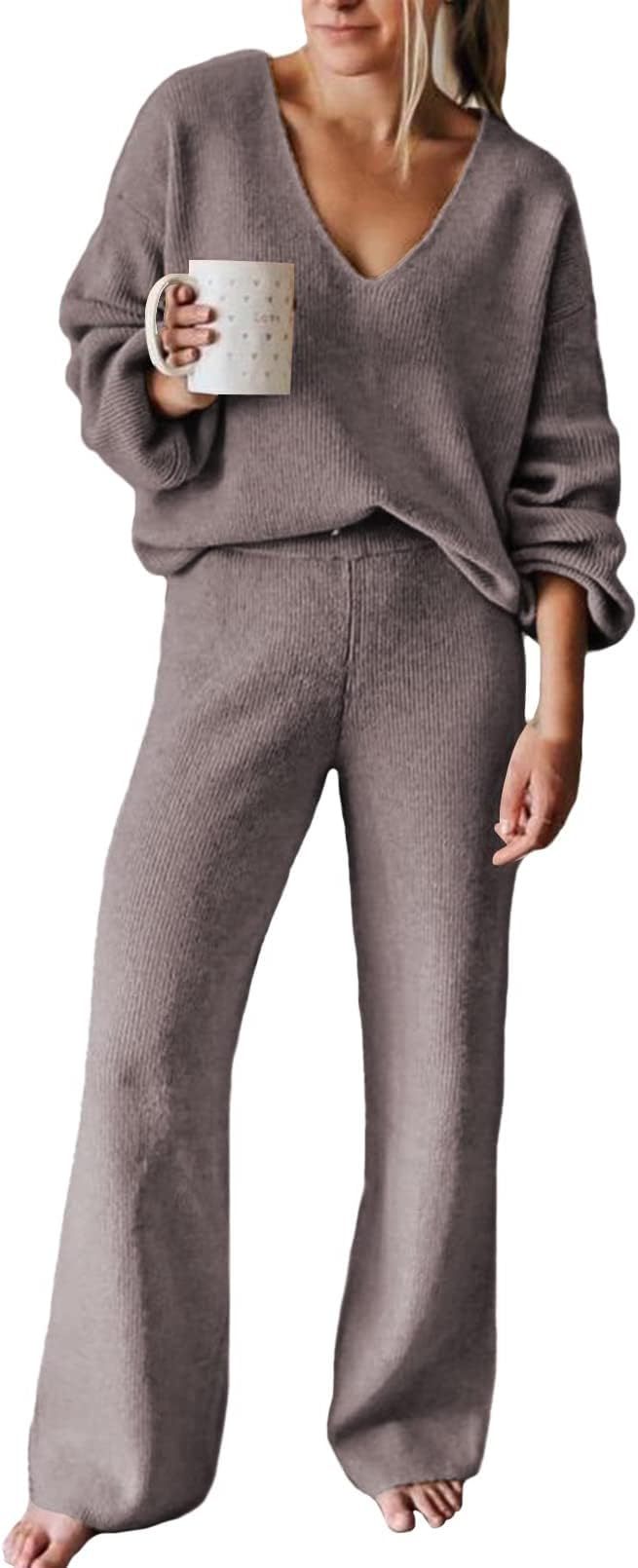 FixmattiWomen 2 Piece Knit Set Long Sleeve Pullover Sweater Top Wide Leg Pant Sweatsuit Outfits