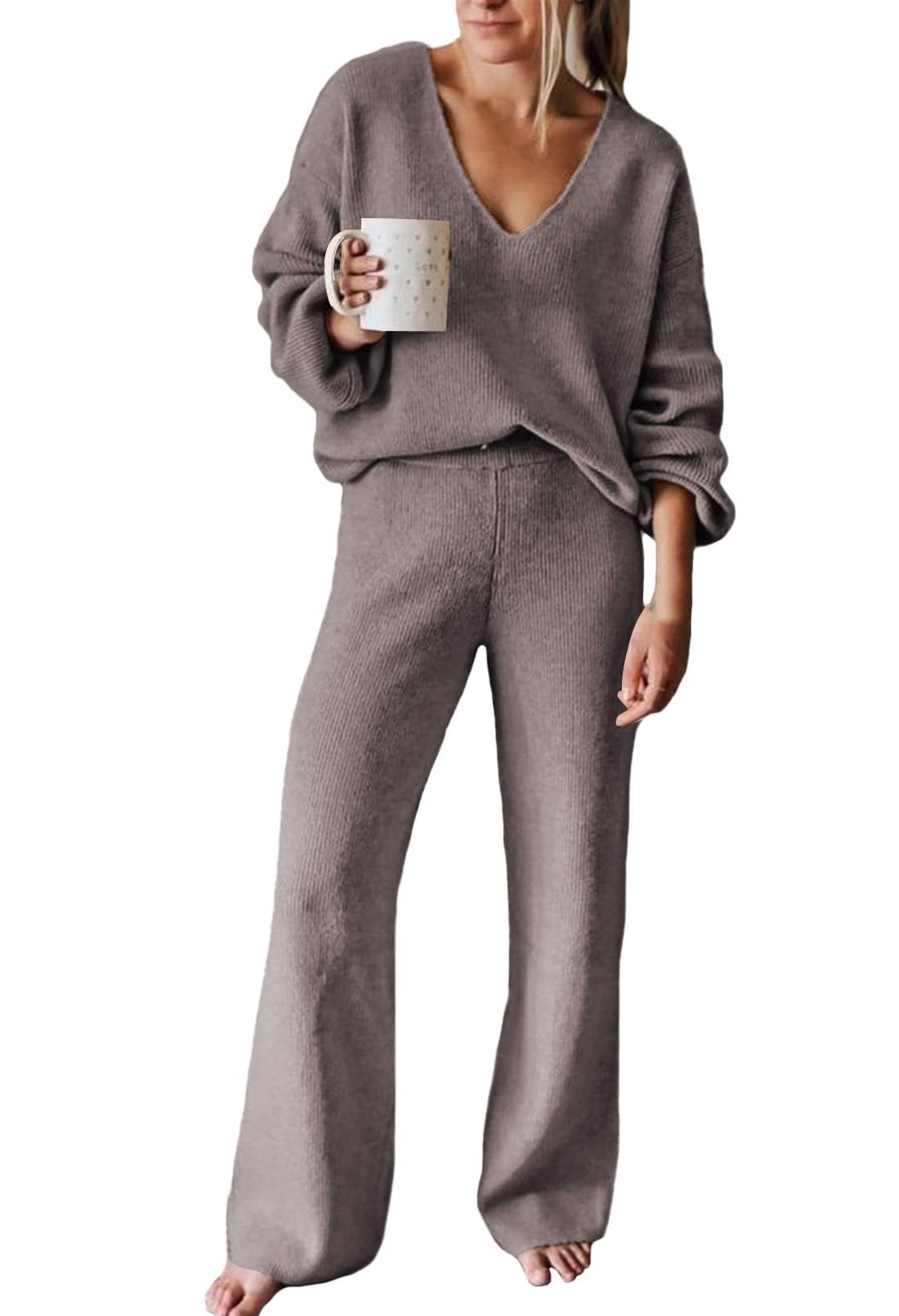 FixmattiWomen 2 Piece Knit Set Long Sleeve Pullover Sweater Top Wide Leg Pant Sweatsuit Outfits