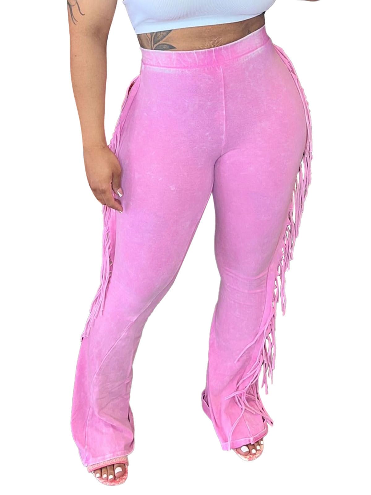 Angsuttc Flare Pants for Women Cotton Fringe High Waisted Skinny Pants Legging