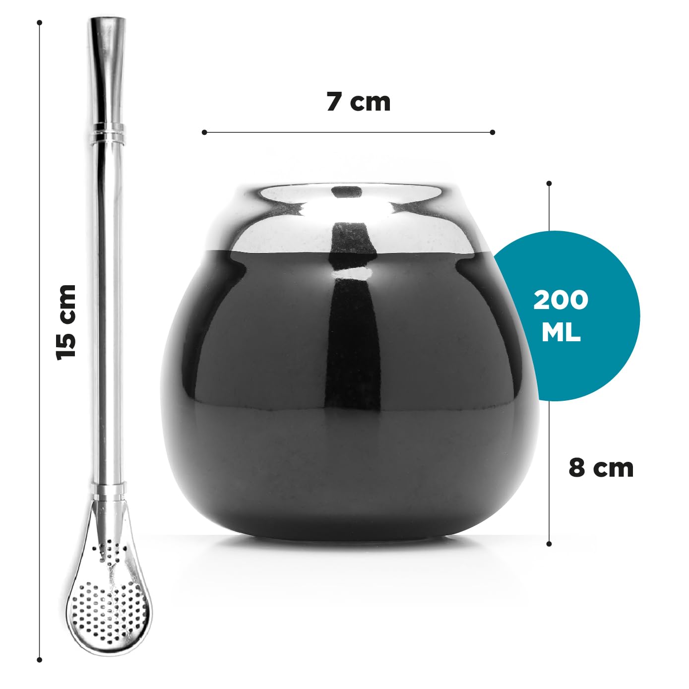 BALIBETOV Ceramiczny zestaw kubków Yerba Mate i Bombilla (oryginalny tradycyjny kubek Mate - 189 g) | zawiera 1 słomkę Bombilla (Yerba Mate do użycia) | Ceramika łatwa do czyszczenia (czarna)