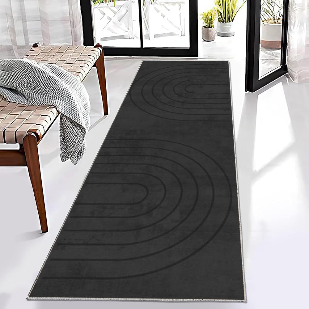 Tapis De Couloir Noir 70x260cm Design Minimaliste Moderne Tapis Couloir Long,Tapis Cuisine Devant Evier Lavable Tapis De Cuisine Long Antidérapant Tapis De Passage pour Chambre Salon