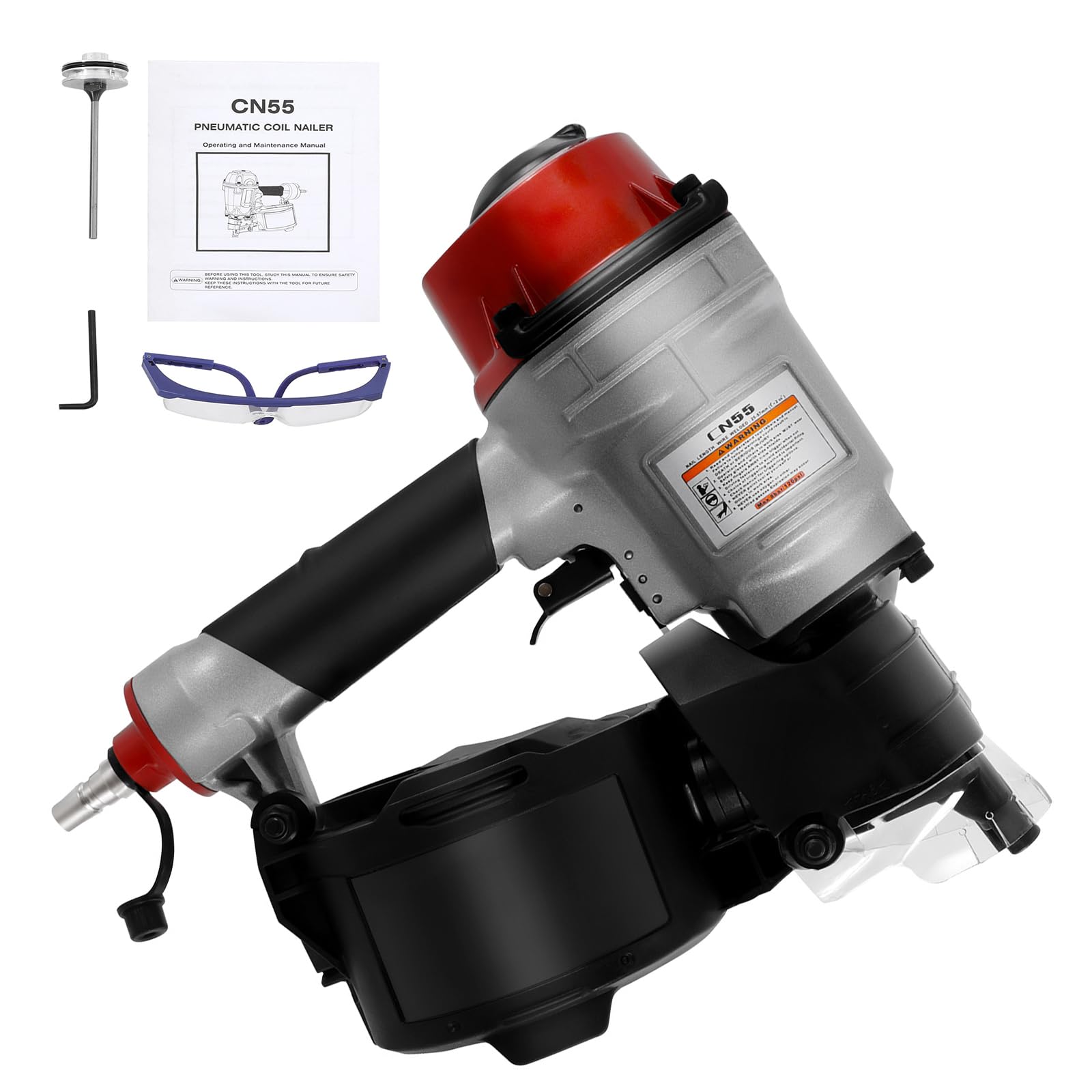 CN55 Pneumatic Siding Nail Gun Fence Nailer, 300 Nail Capacity, 75-100PSI, 1" to 2-1/4" Coil Siding Gun with Goggles, Continuous Fire for Wood Pallets