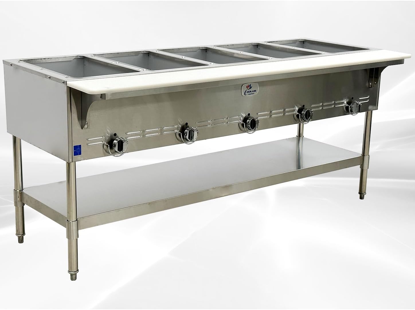 Commercial Steam Table Warmer 72" Wide 5 Open Well-NSF Certified Stainless Steel with Undershelf and Cutting Board-use Natural Gas or Propane