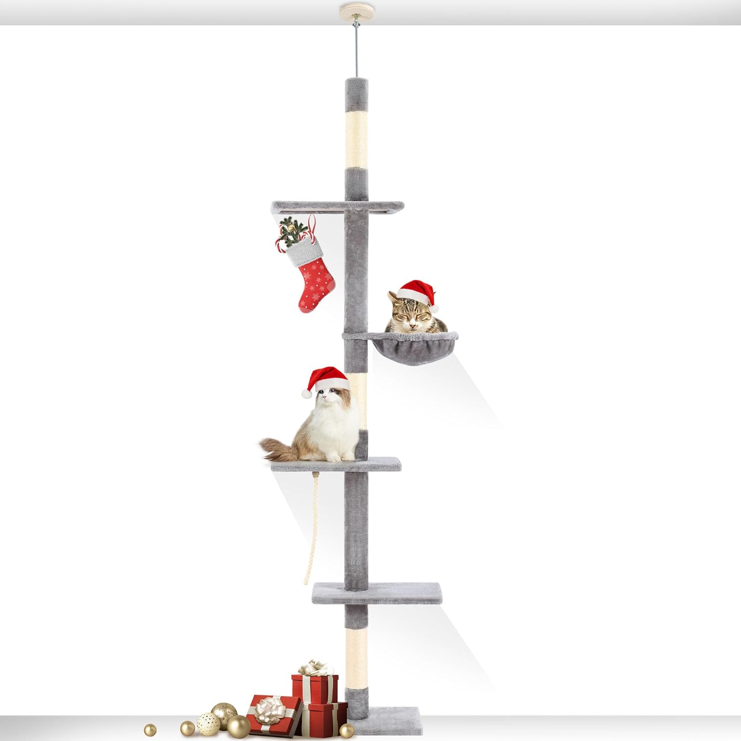 Cat Tree 5-Tier Floor to Ceiling, Cat Climbing Tree for Indoor Cats, 89-109 Inch Adjustable Height Cat Tower with Cozy Hammock, Grey 89-109 inch Gery