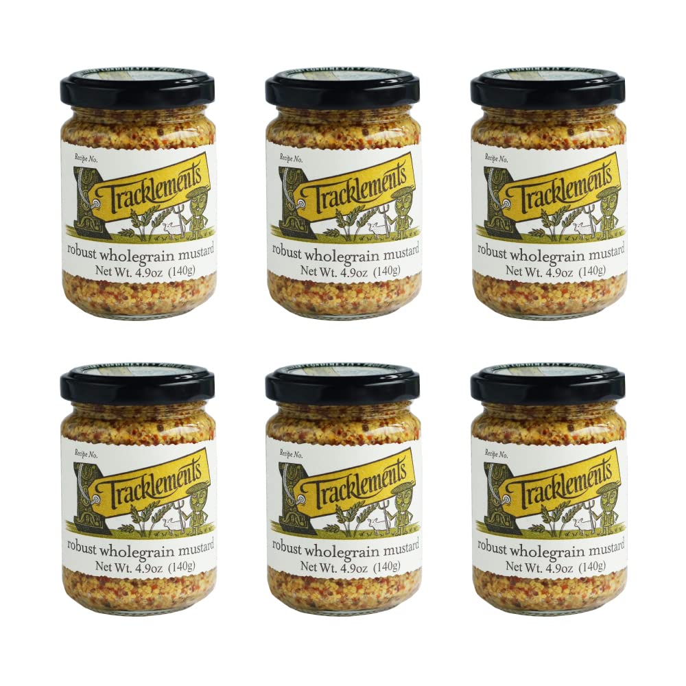 TRACKLEMENTS - Robust Whole Grain Mustard - Condiments for Recipes, With Yellow Mustard Seeds - Perfect for Cheese Sauce & Mashed Potatoes - Gluten Free, VEGAN, Non-GMO - 4.94oz Jar - Pack of 6