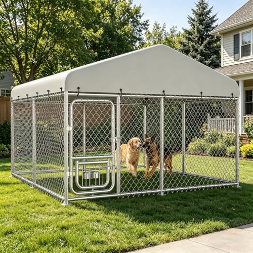 COMHOMA Dog Kennel Outdoor with Roof Large Metal Dog Enclosure with Weather-Resistant Cover Lockable Gate for Medium Large Dogs (Gunmetal 10x10FT (124in)