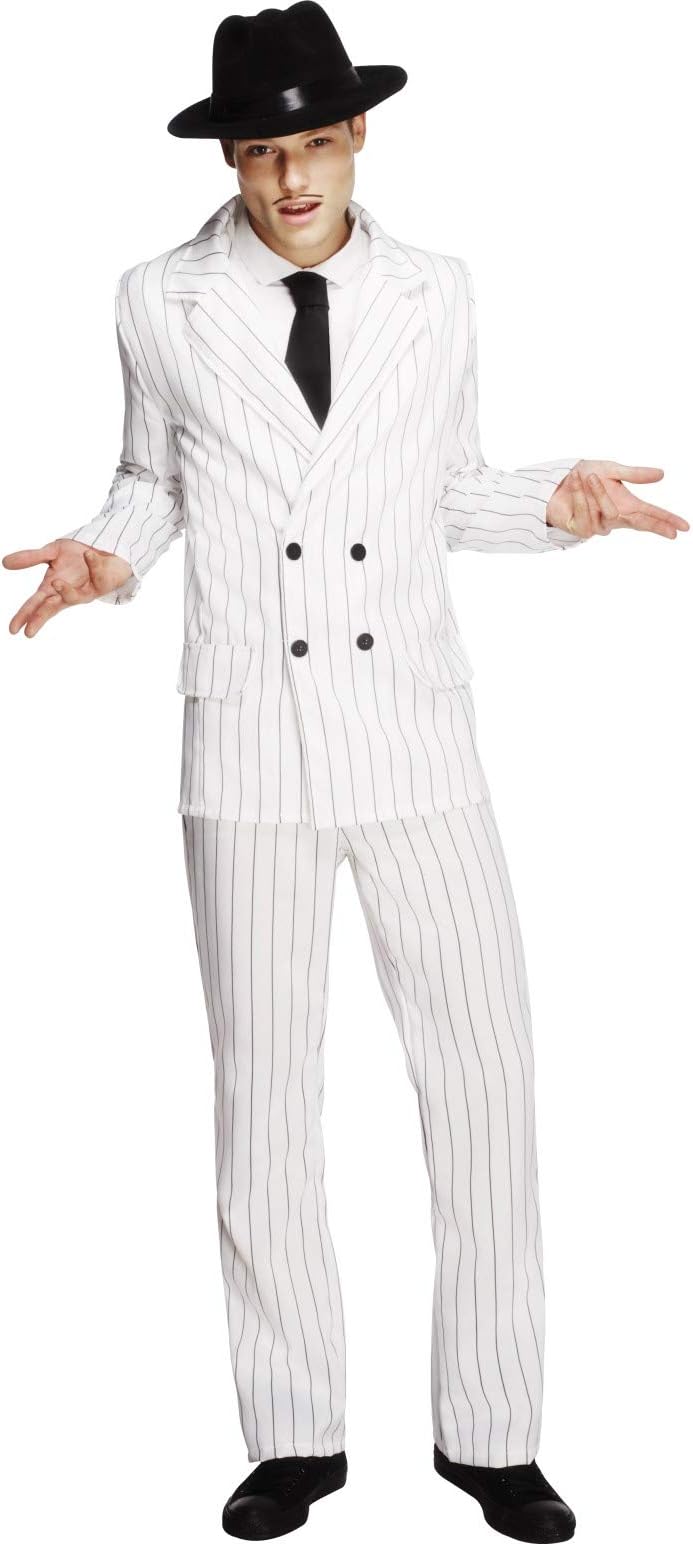 Smiffys Gangster Fever Costume - Jacket, Pants and Tie - White (Stripe Black),Medium