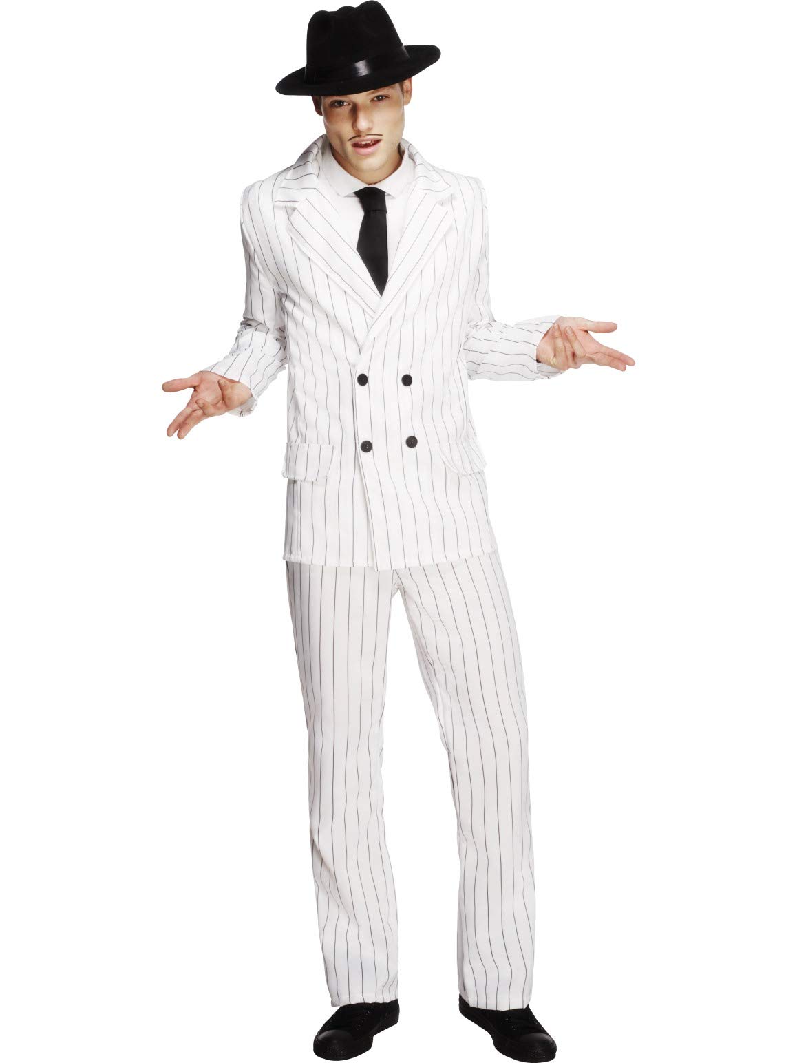 Smiffys Gangster Fever Costume - Jacket, Pants and Tie - White (Stripe Black),Medium