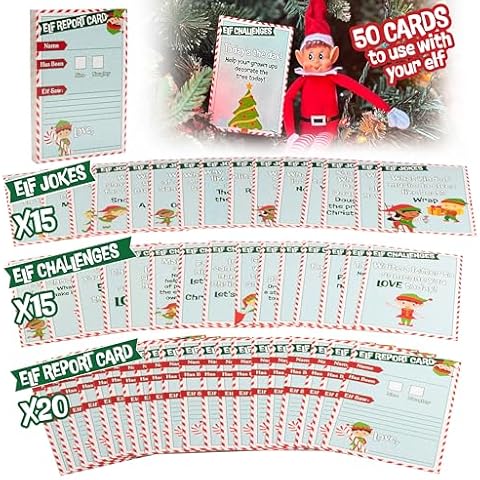 Elf Accessory Naughty or Nice Report Cards, Jokes, X-Mas Activity Challenges for Your Shelf Elf - 50 Unique Cards - Make Christmas Fun for Kids & Family w Unique Holiday Treats from Santa & North Pole Cover