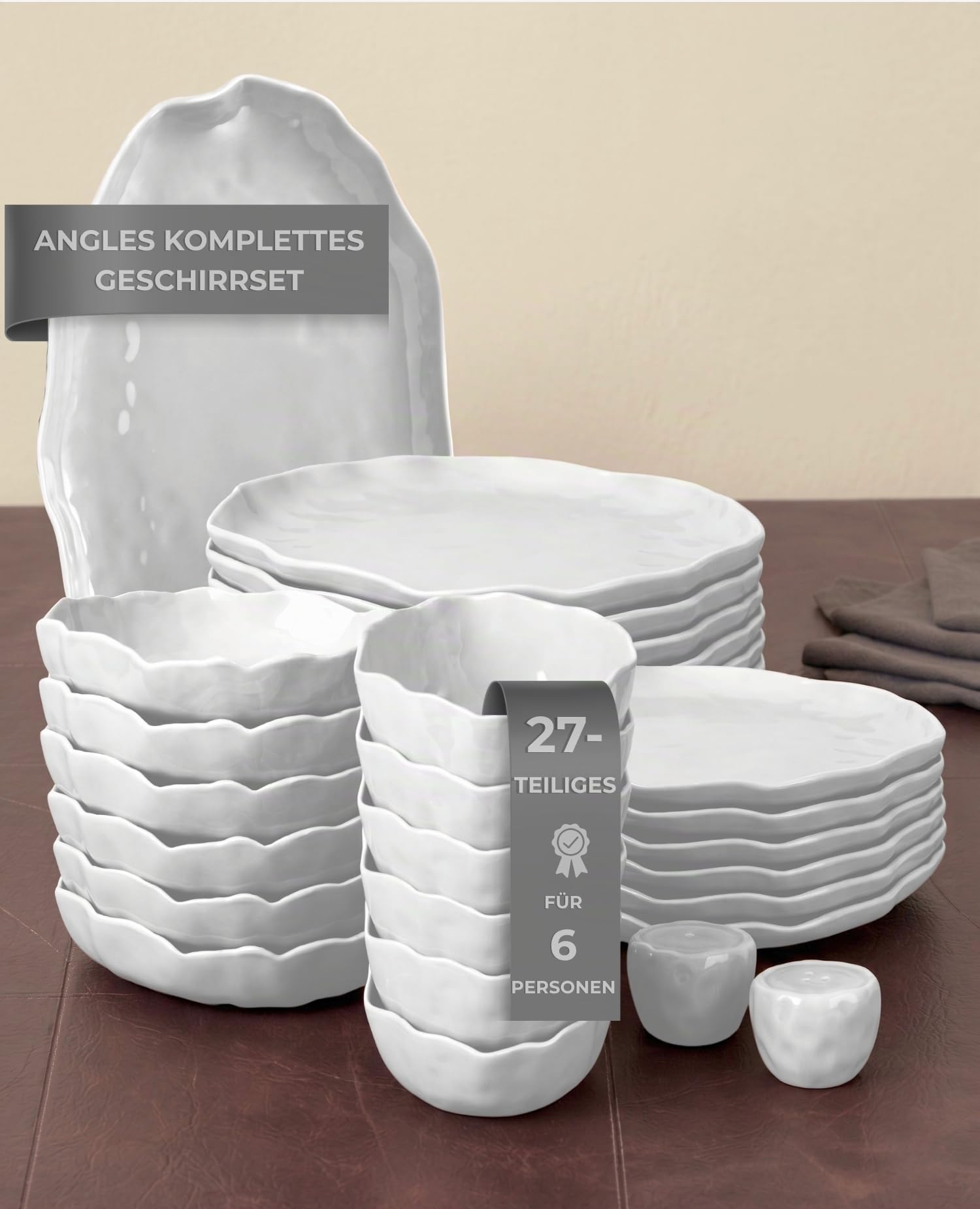 Geschirrset 27-teilig aus Porzellan für 6 Personen – BRICARD Angles White – Tafelservice Weiß mit Speisetellern, Desserttellern, tiefen Tellern & Schalen – spülmaschinen-, mikrowellen- & ofengeeignet