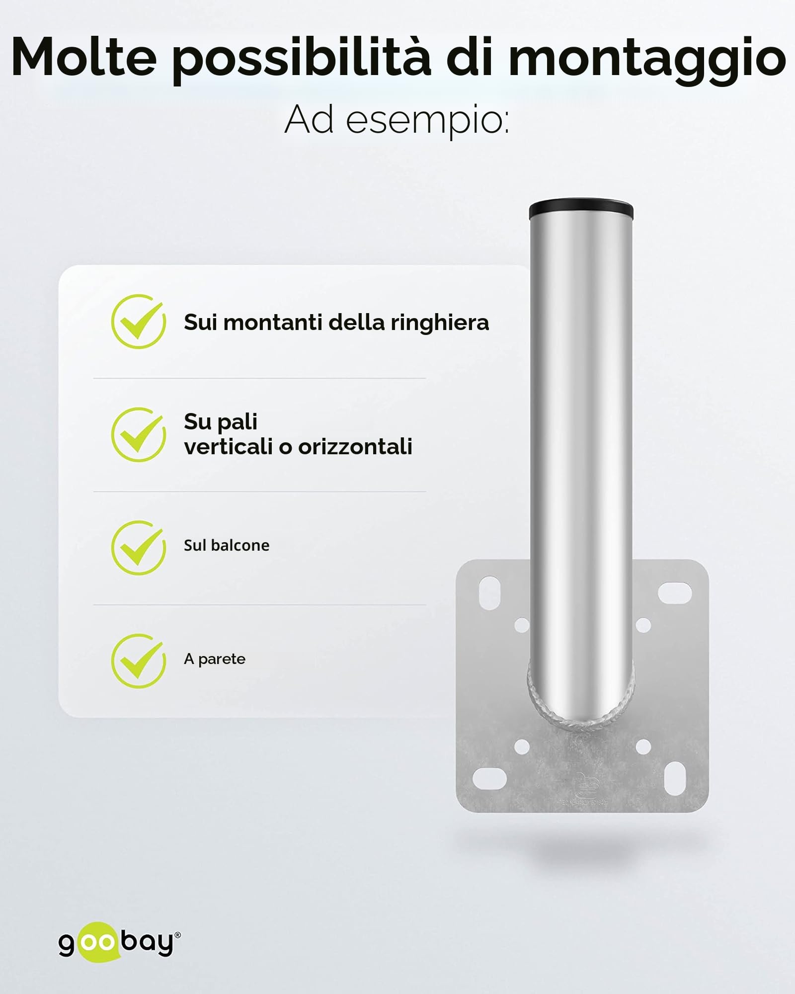 goobay 60503 Sat - Supporto da parete con foro per balcone/supporto per parabola satellitare fino a max. 85 cm, supporto per asta angolare, supporto da parete, supporto per antenna con distanza dalla