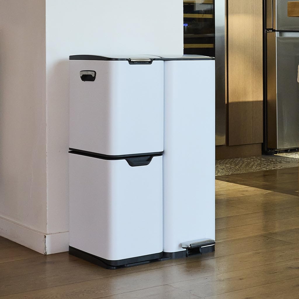 KITCHEN MOVE HAJA Mülleimer für die Küche, mit Tretschalter, Mülltrennung, Recycling, 60 l (13 + 17 + 30 l) aus Edelstahl, weiß, mit Eimer