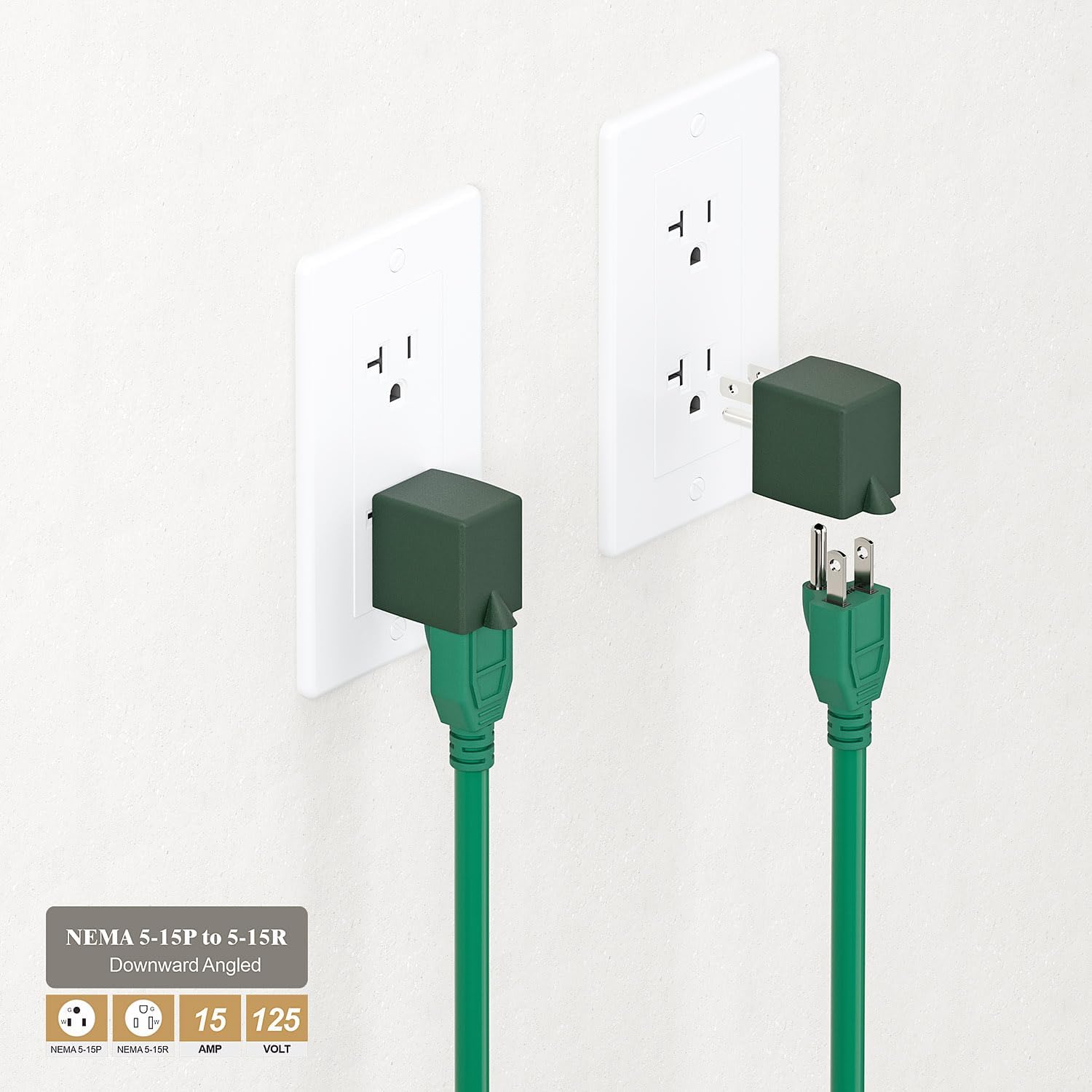 [2-Pack] USA 3-Prong Male-Female Adapter,90 Degree Angled USA Male Female Power Adapter, 5-15P to 5-15R Direction Changer Space Save Adapter Green