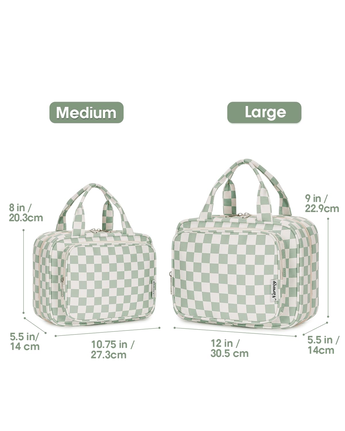 Narwey Large Checkered Hanging Travel Toiletry Bag for Women Wash Bag Cosmetics Makeup Bag Organizer for Full Size Accessories (Checkerboard Mint Green (Large)) - 2