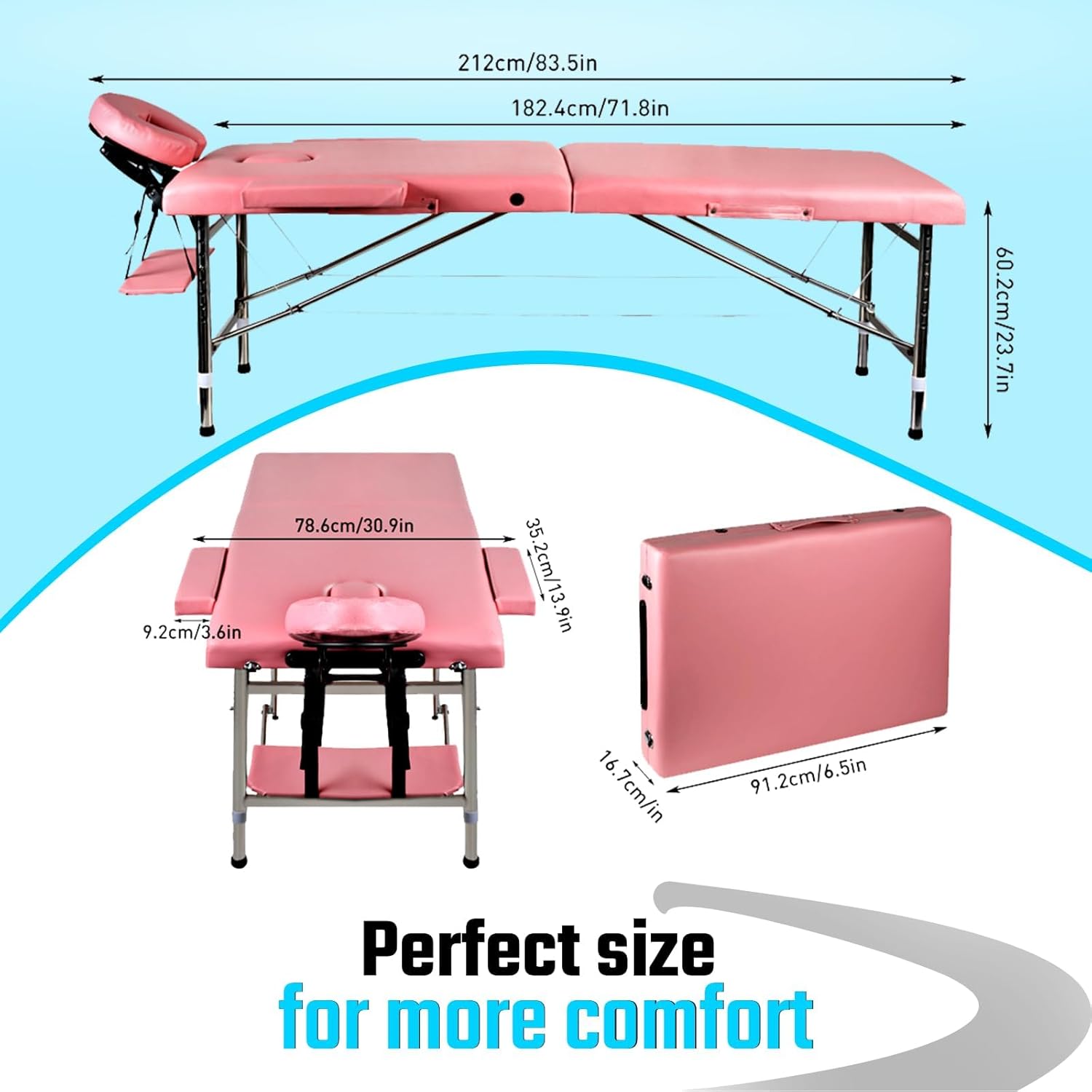 Portable Massage Bed, Foldable Height Adjustable Lash Table for Salon & Spa, PU Leather Facial Tattoo Massage Bed, Lightweight & Stable — Pink