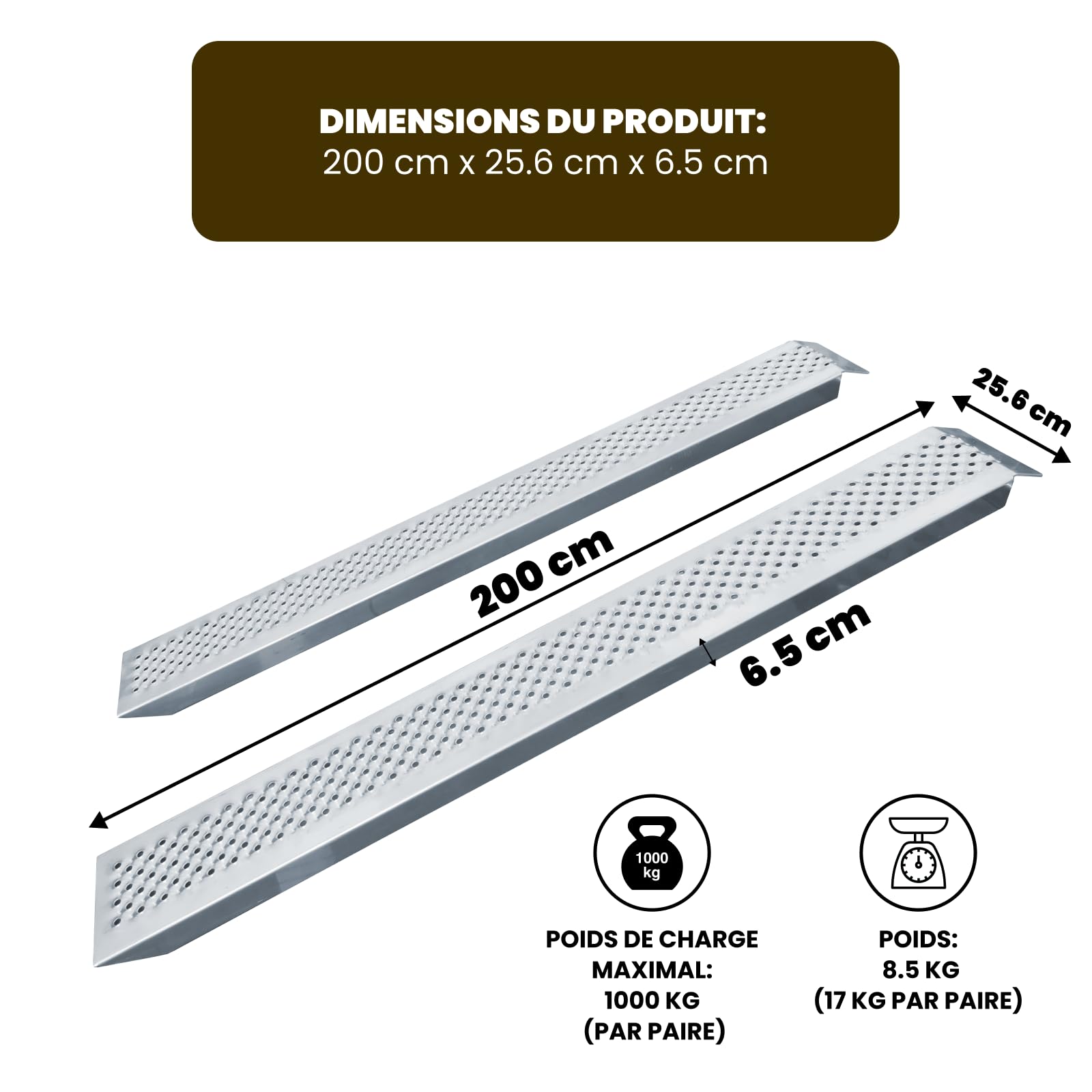 Rampes de Chargement 200cm Robustes Tracteur Moto Remorque Aluminium jusqu'à 1000kg LR7H