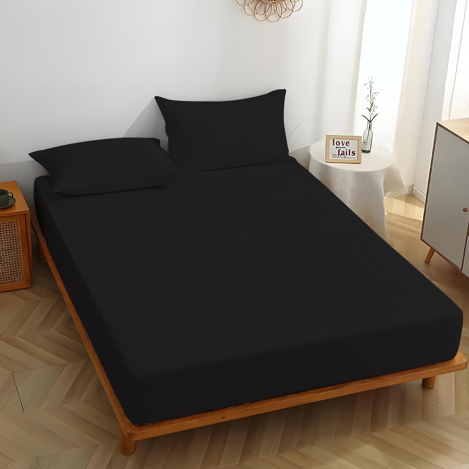MIKI WELL Double Fitted Sheet Deep - Black Bottom Sheet Extra Deep Pocket 16 inch 40 cm, Soft Microfiber Double Bed Sheet Wrinkle Resistant & Breathable