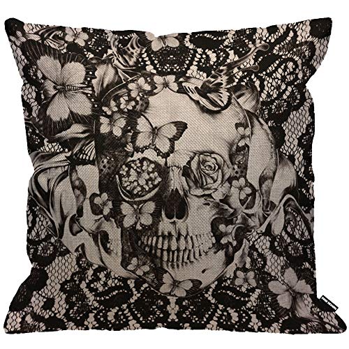 HGOD Designs Housse de coussin en dentelle gothique victorien Noir Tête de mort Taie d'oreiller décorative pour hommes/femmes Salon Chambre Canapé Chaise 45 x 45 cm Cover