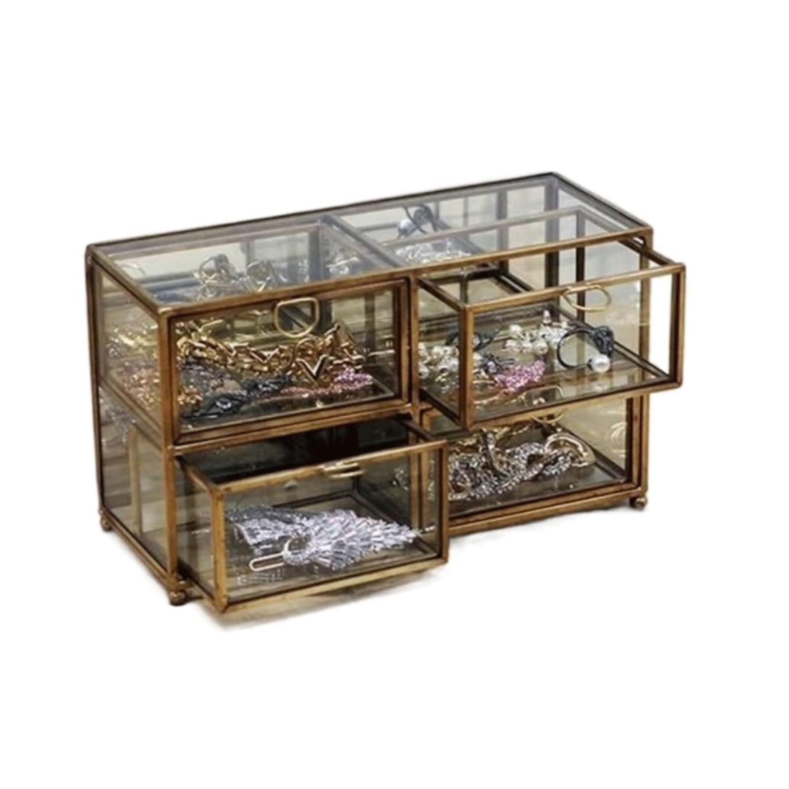 Joyeros Joyero con Cuatro cajones Caja de exhibición de joyería de Metal de latón y Vidrio Transparente Joyería Vintage Soporte para joyería Accesorios de joyería
