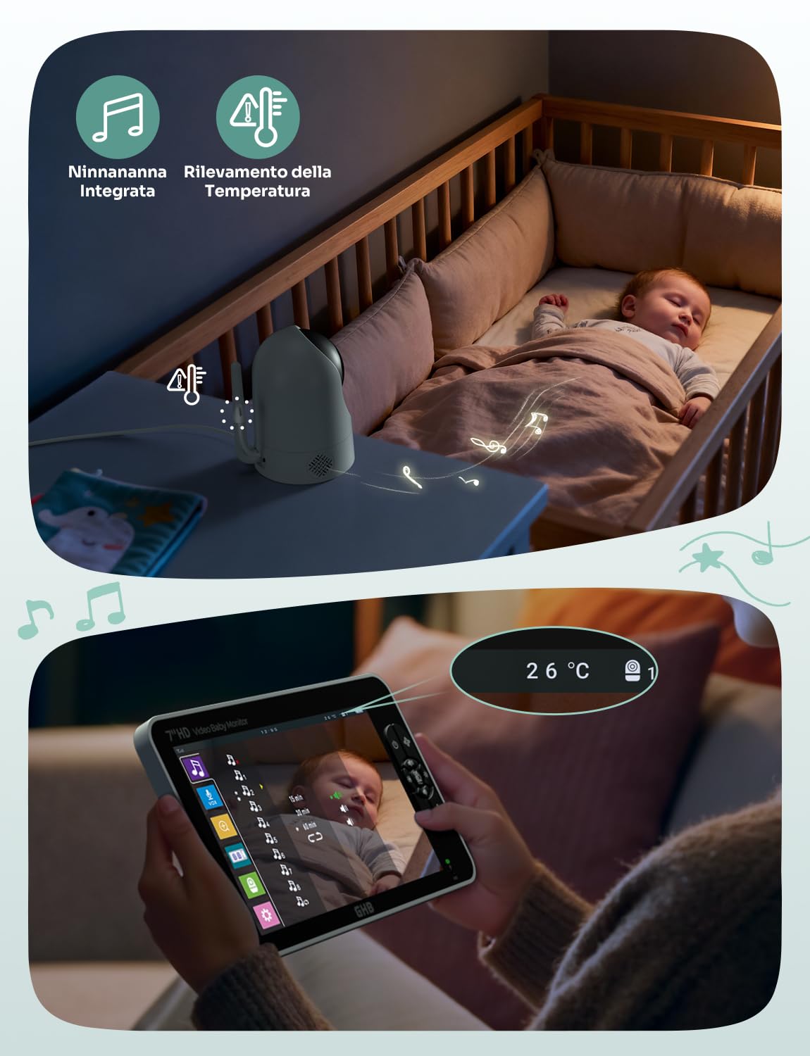 GHB Baby Monitor Video e Audio Schermo 7'', 168 Ore di Autonomia, 350°/90°, 1080P, 4000mAh, Modalità VOX, Visione Notturna, Rilevamento della Temperatura, Visualizzazione a Schermo Diviso