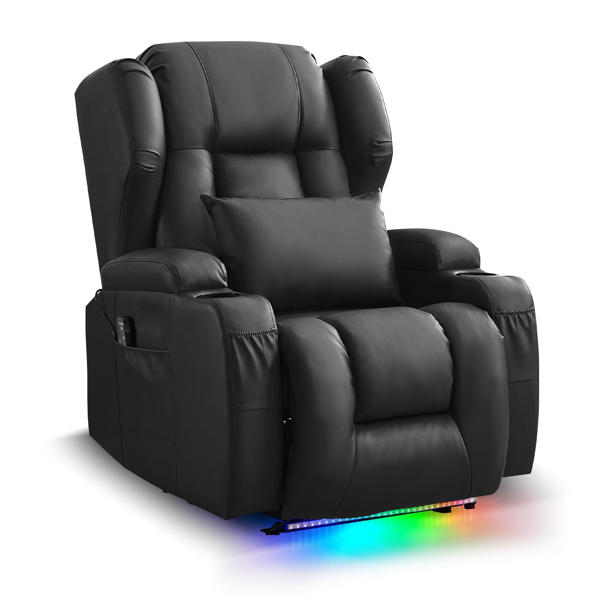 Elektrischer Relaxsessel mit Liegefunktion, TV Sessel mit Heizung & Vibrierende Massage, Lederimitat Heimkinositze mit LED Streifen für Wohnzimmer, USB-Anschl¨¹sse, bis 150 kg (Schwarz)