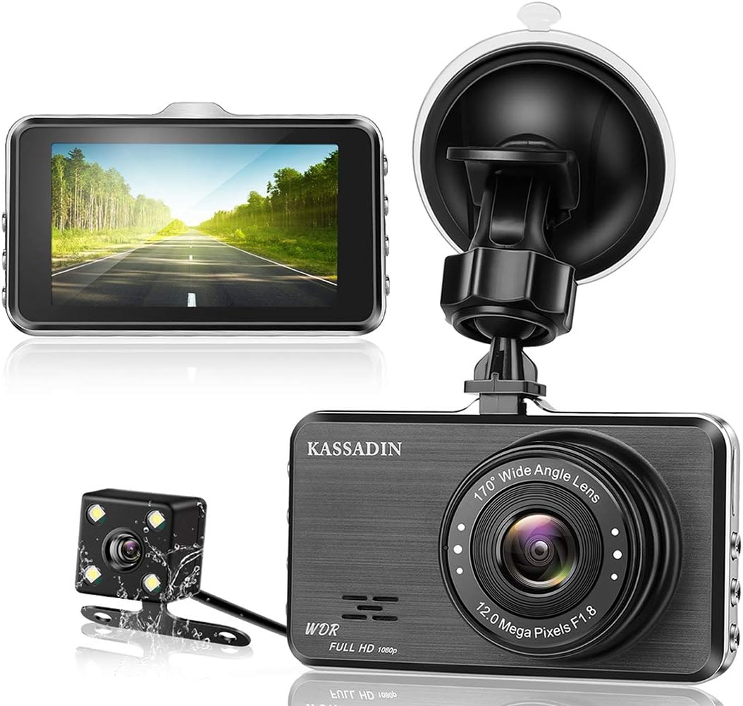 KASSADIN Dash Cam Front and Rear Camera for Cars 1080P Full HD Dual Dash Cam Dashboard Dashcam 170 Wide Angle with Night Vision, 3.0 Inches IPS Display, Motion Detection and G-sensor
