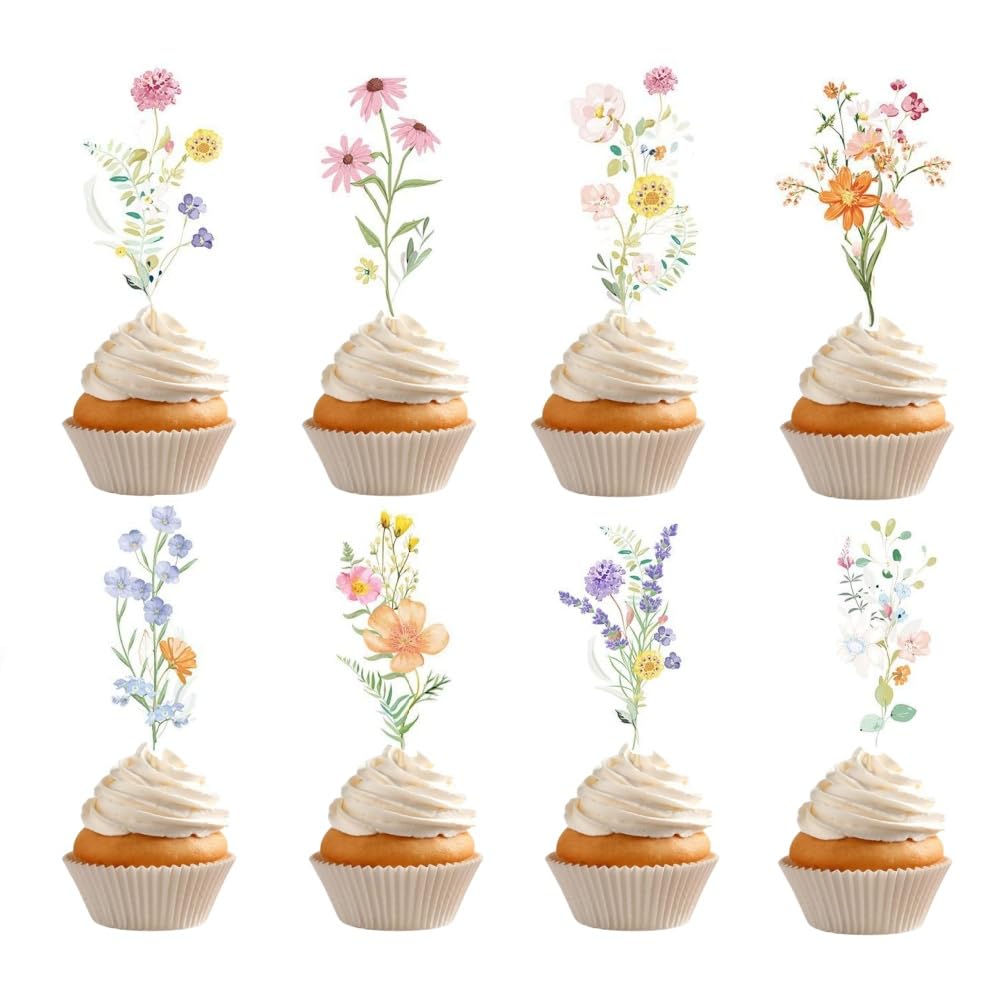 40pcs Wildflower Birthday Party Cupcake Cake Toppers,Baby In Bloom Baby Shower Decorations Girl Women Floral Birthday Party Decorations