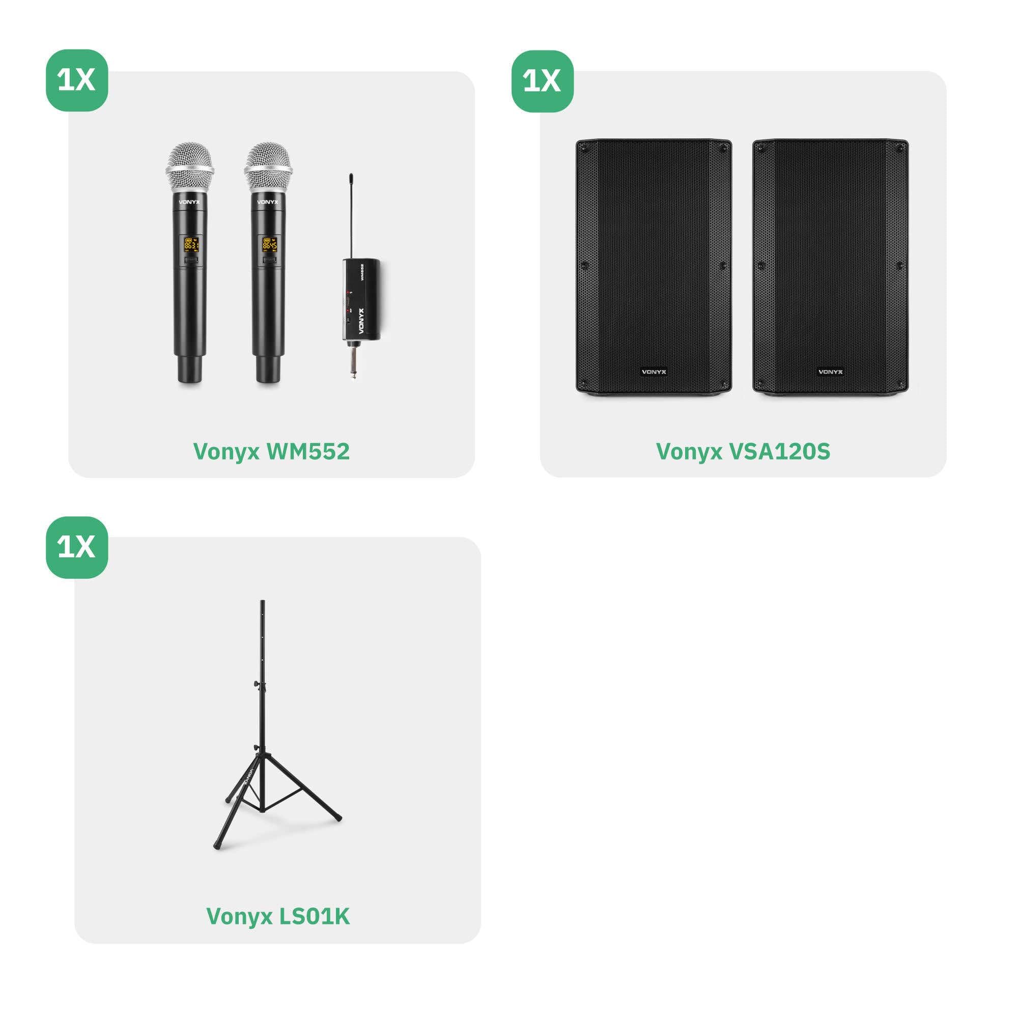 Vonyx Karaoke Set mit 2 Lautsprechern, 2 Mikrofonen und Stativen, Bluetooth Komplettsystem mit integriertem Verstärker, ideal für Partys, Gesang und kleine Veranstaltungen