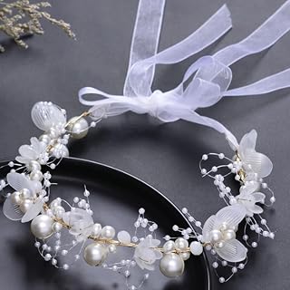 Flower Crown Headband for Kids, Pearl Flowers, Wedding Party Accessory, Birthday Gift, Medium, White