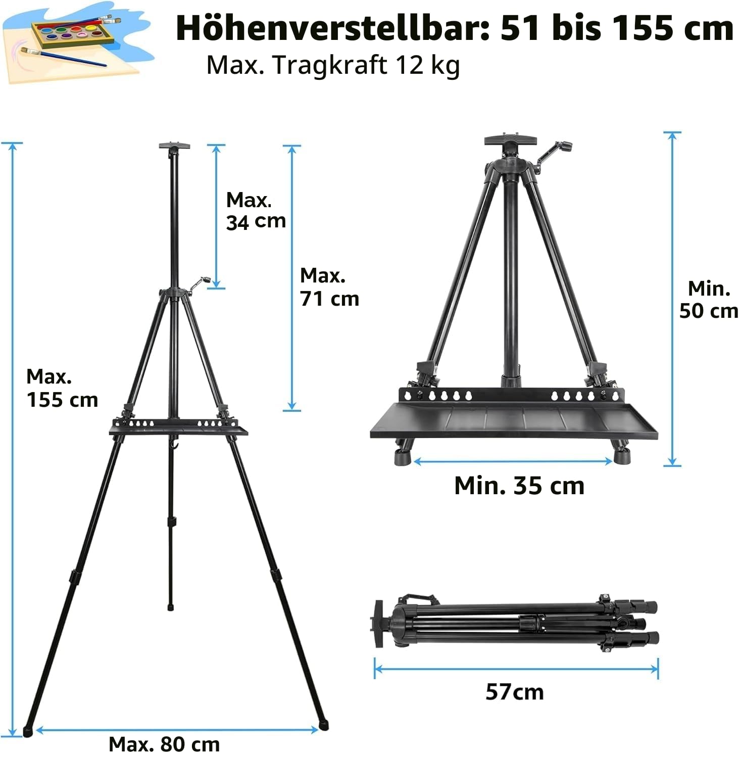 Staffelei groß L 50-152cm, Atelierstaffelei, Künstler Staffelei, Verstellbare Staffeleien, Feldstaffelei aus Aluminium mit Tasche/Fässer, Stativ Staffeleien für Kuntsmalerei und Werbung