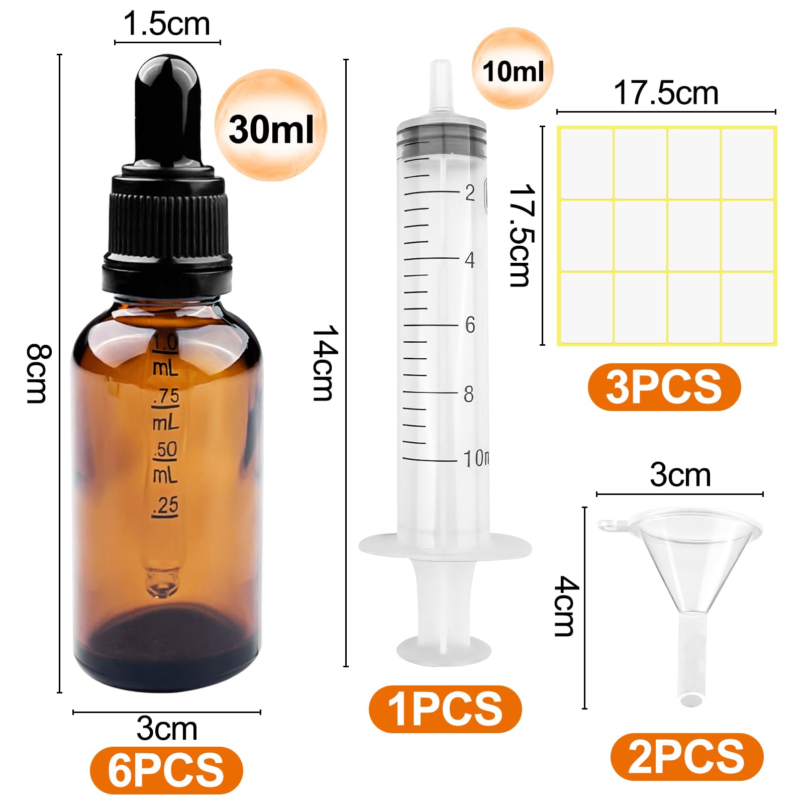 Set 4 Flaconi Contagocce In Vetro Ambra 30ml Con Tappo Oro - Pipette In Vetro + Imbuto + Etichette