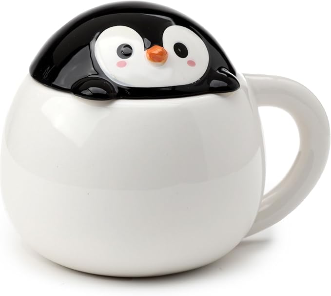 Taza de cerámica de pingüino con tapa moldeada