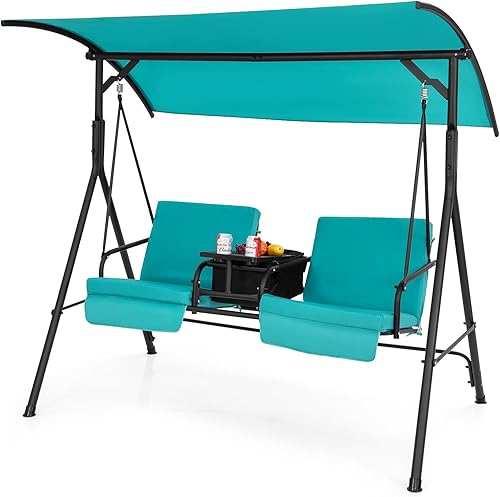 Tangkula Columpio de porche para 2 personas, columpio al aire libre con mesa de almacenamiento pivotante, bolsa refrigerante, 2 soportes para tazas,