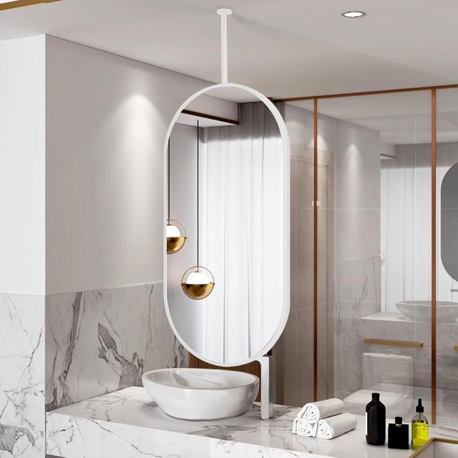 CGCSYZ Ceiling Hanging Floating Mirror With White Metal Frame And Hanging Rod, For Bathroom Restroom Makeup Shaving Entrance Decorative Mirror (40cmx60cm)