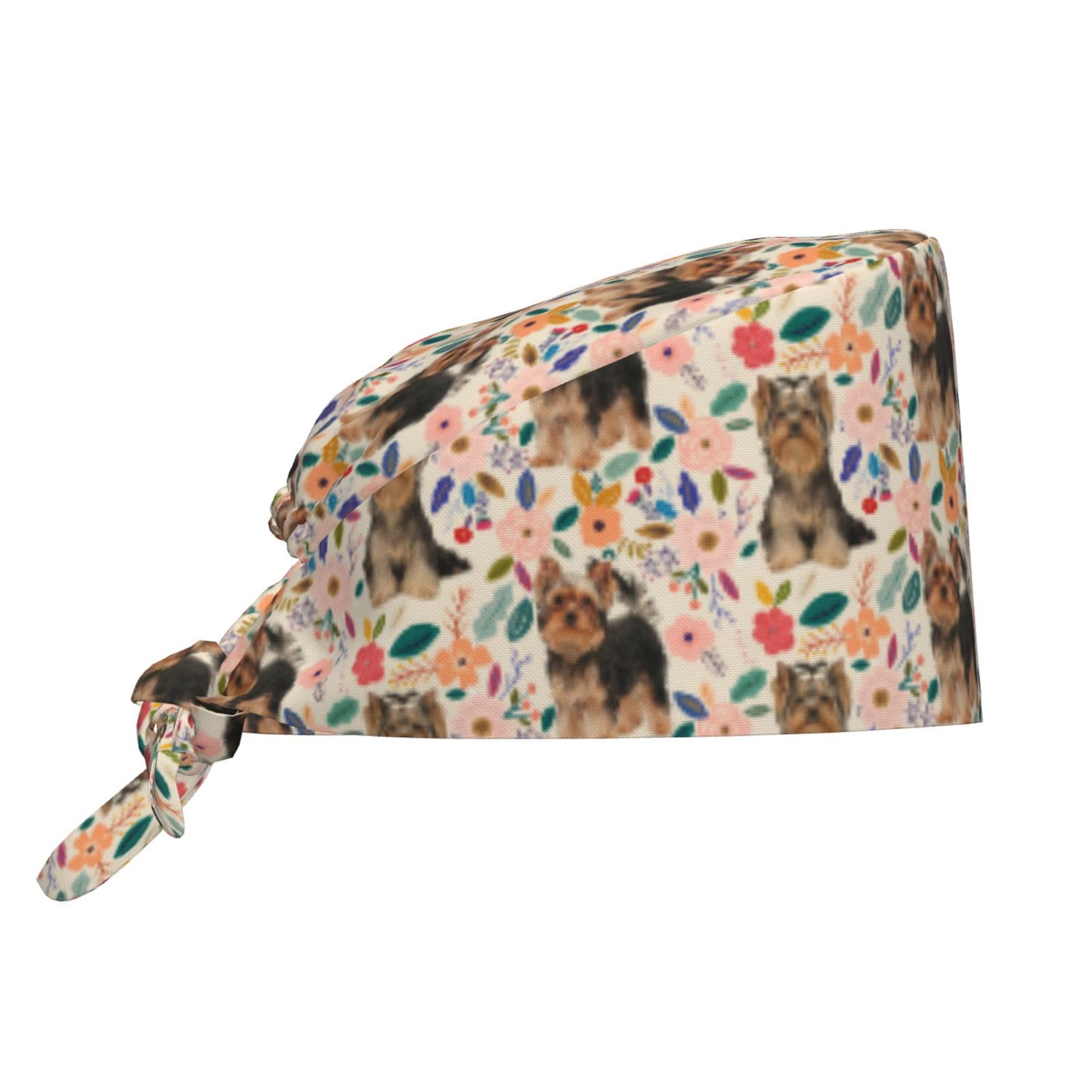 WAFICAC Yorkshire Terrier Floral Adjustable Working Cap with Sweatband Scrub Hats Surgical Headgear for Women/Men