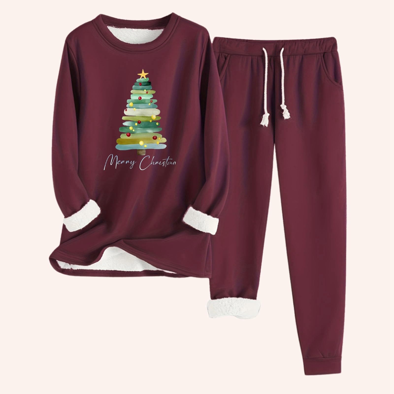 Pantaloni Aderenti a Maniche Lunghe con Stampa Albero di Natale Verde da Donna, Autunno/Inverno, Comodi e con Trama Spessa in Velluto