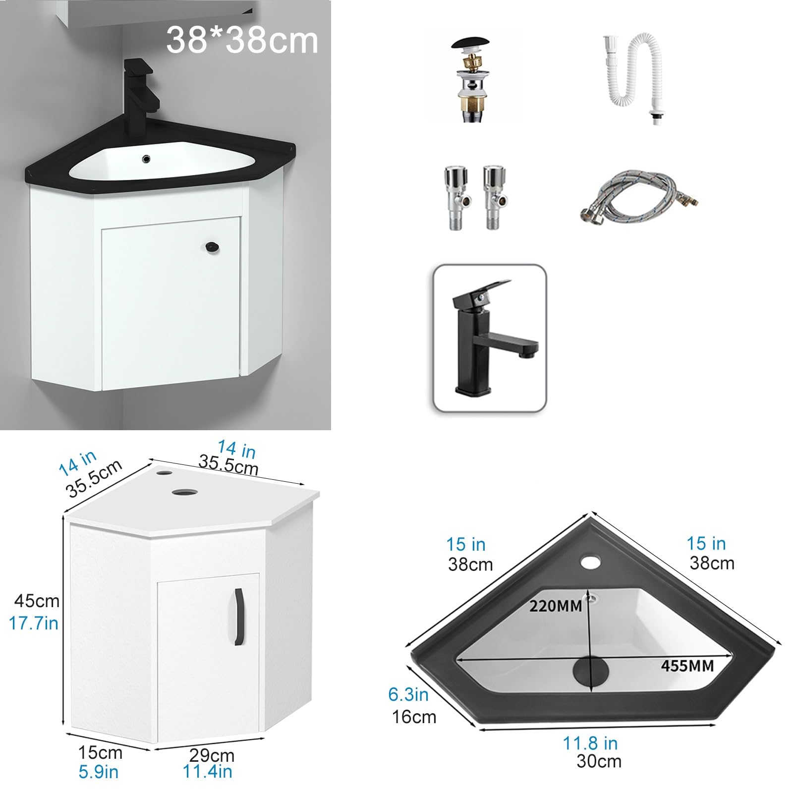 Nowoczesny czarny narożny zestaw łazienkowy z szafką do montażu na ścianie ceramiczna umywalka zlew chromowany kran i wyskakujący odpływ w kształcie litery U 48 x 48 cm, czarny - 38 x 38 cm