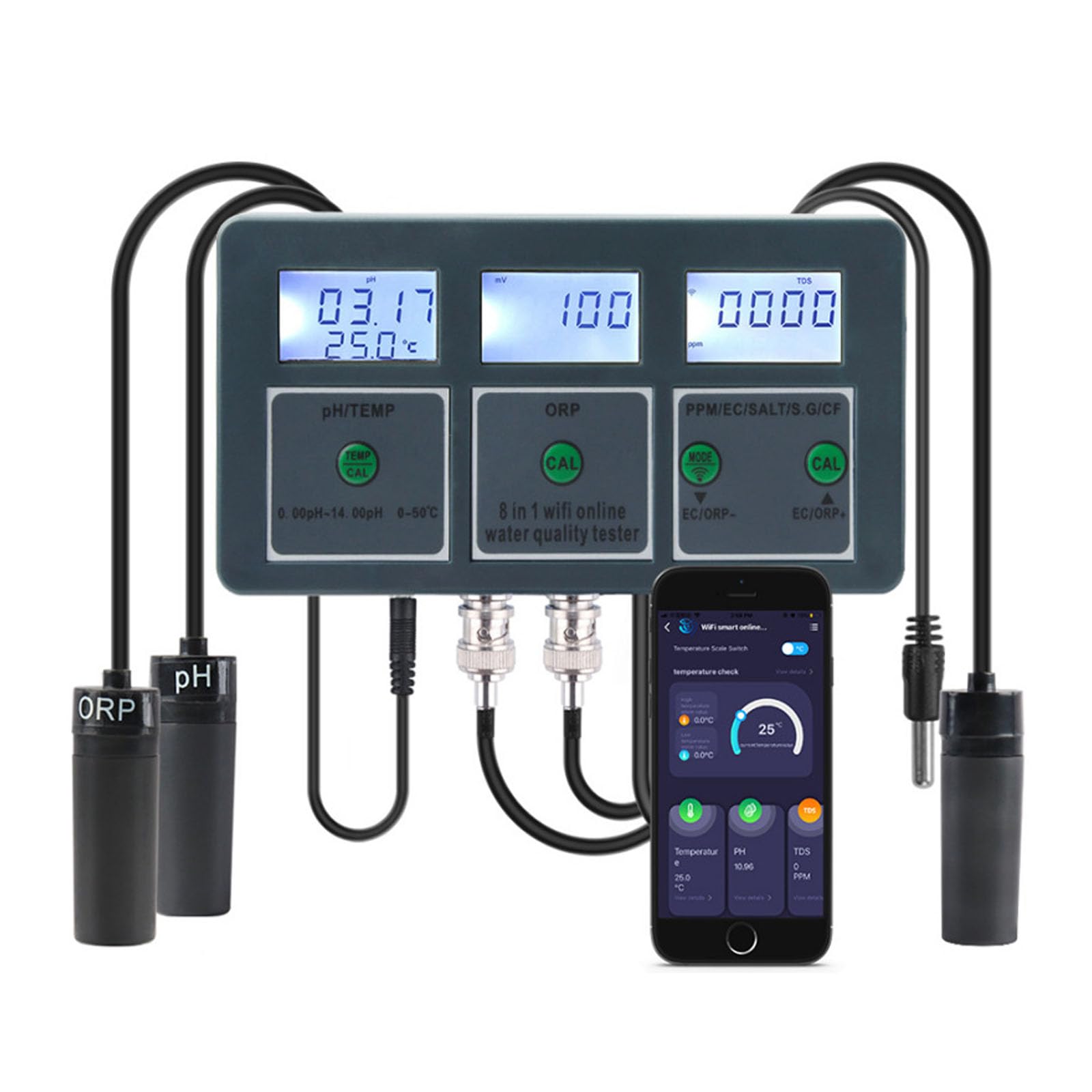 Tester di qualità dell'Acqua, PH Meter PH/EC/TDS/Salt/S.G/CF/ORP/Temp Monitoraggio WiFi App per Acquari Piscina Idroponica Fonti d'Acqua Acquario Idroponica
